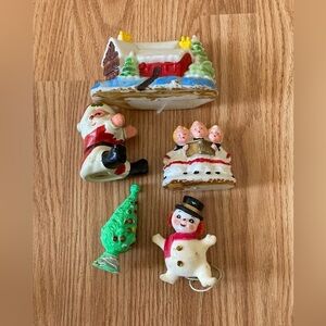 5 Vintage Christmas Ornaments, Plastic/Flocked Snowman/Choir/Santa/Church/Tree